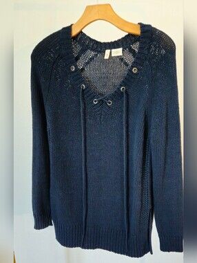 Women's Navy Lace-Up Knit Sweater From Moth, Size Small